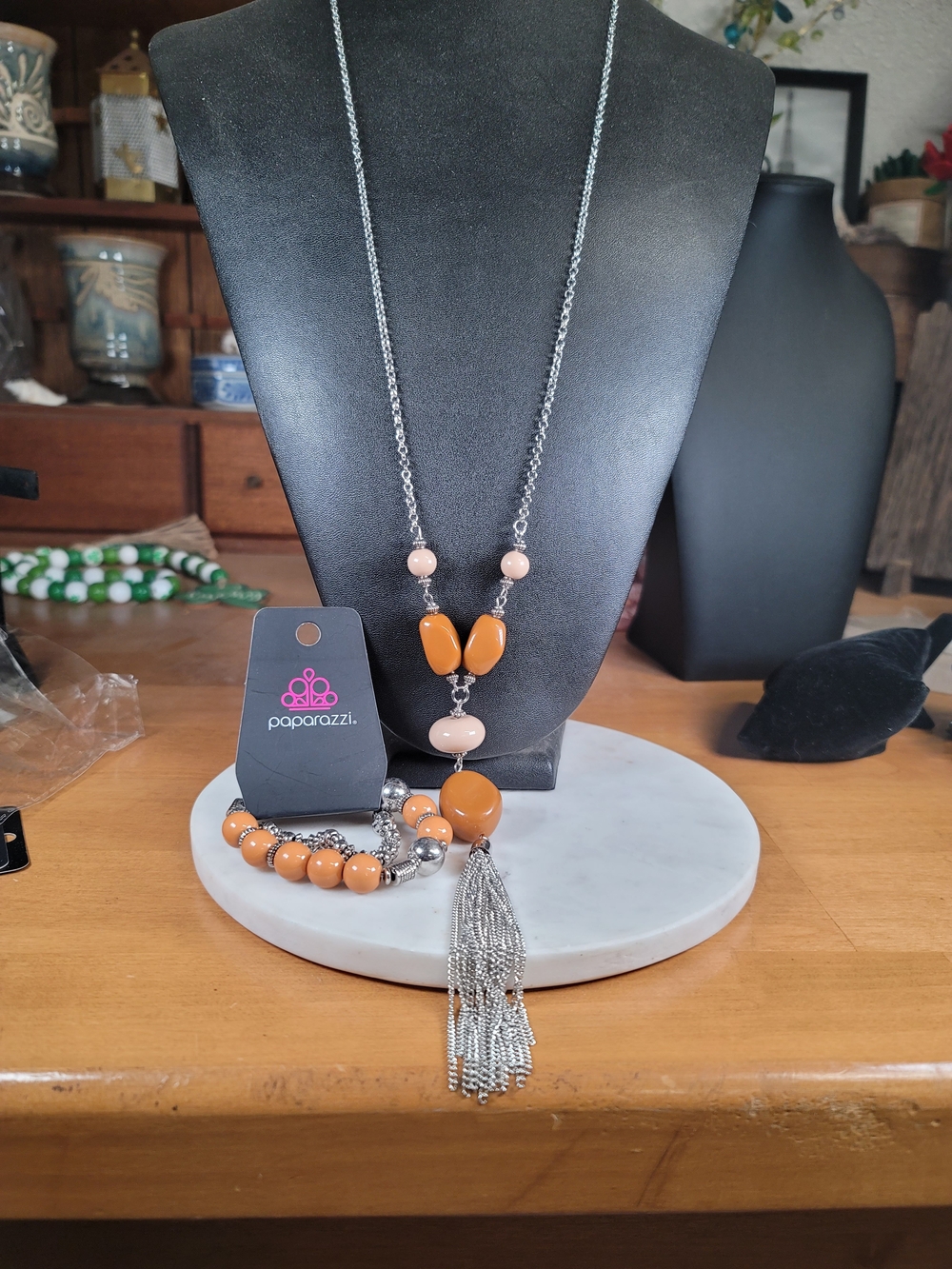 paparazzi Brown and Cream Beaded Tassel Necklace and Bracelet Set